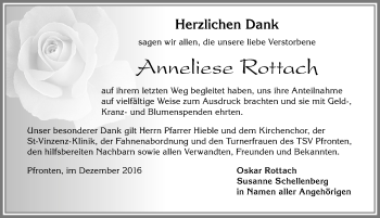 Traueranzeige von Anneliese Rottach von Allgäuer Zeitung, Füssen
