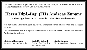 Traueranzeige von Andreas Zupanc von Allgäuer Zeitung,Kempten