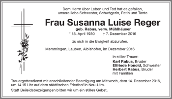 Traueranzeige von Susanna Luise Reger von Allgäuer Zeitung