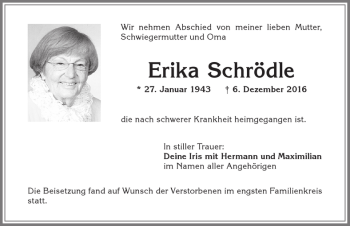 Traueranzeige von Erika Schrödle von Allgäuer Zeitung,Kempten