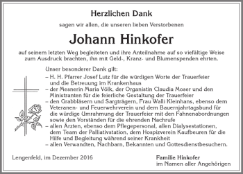 Traueranzeige von Johann Hinkofer von Allgäuer Zeitung, Kaufbeuren/Buchloe