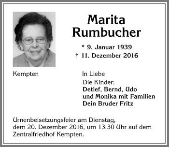 Traueranzeige von Marita Rumbucher von Allgäuer Zeitung,Kempten