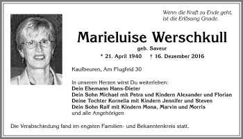 Traueranzeige von Marieluise Werschkull von Allgäuer Zeitung, Kaufbeuren/Buchloe