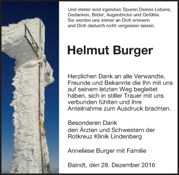 Traueranzeige von Helmut Burger von Der Westallgäuer