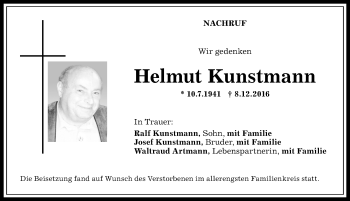 Traueranzeige von Helmut Kunstmann von Allgäuer Anzeigeblatt