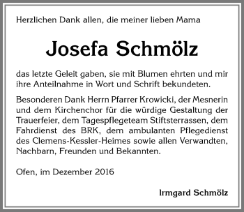Traueranzeige von Josefa Schmölz von Allgäuer Zeitung, Marktoberdorf