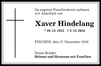 Traueranzeige von Xaver Hindelang von Allgäuer Anzeigeblatt