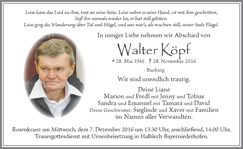  Traueranzeige für Walter Köpf vom 05.12.2016 aus Allgäuer Zeitung, Füssen
