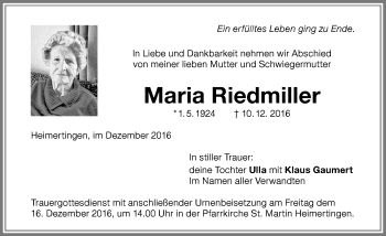 Traueranzeige von Maria Riedmiller von Memminger Zeitung