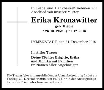 Traueranzeige von Erika Kronawitter von Allgäuer Anzeigeblatt