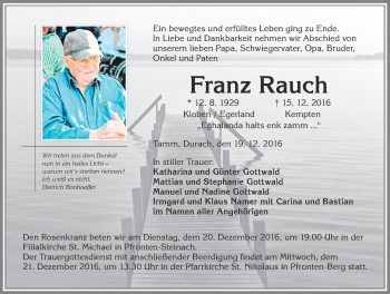 Traueranzeige von Franz Rauch von Allgäuer Zeitung, Füssen