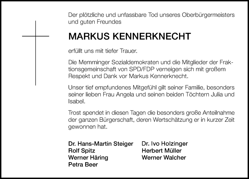  Traueranzeige für Markus Kennerknecht vom 31.12.2016 aus Memminger Zeitung