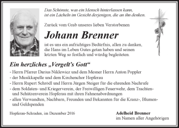 Traueranzeige von Johann Brenner von Allgäuer Zeitung, Füssen