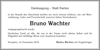 Traueranzeige von Bruno Wachter von Allgäuer Zeitung,Kempten