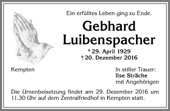 Traueranzeige von Gebhard Luibenspacher von Allgäuer Zeitung,Kempten