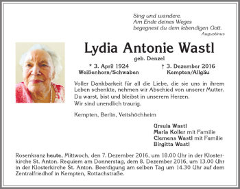 Traueranzeige von Lydia Antonie Wastl von Allgäuer Zeitung,Kempten
