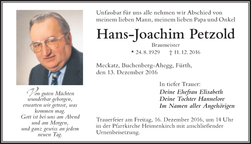  Traueranzeige für Hans-Joachim Petzold vom 13.12.2016 aus Der Westallgäuer