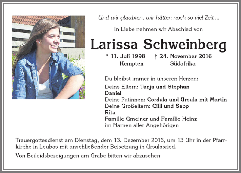  Traueranzeige für Larissa Schweinberg vom 09.12.2016 aus Allgäuer Zeitung,Kempten