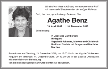 Traueranzeige von Agathe Benz von Memminger Zeitung