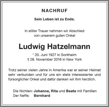 Traueranzeige von Ludwig Hatzelmann von Memminger Zeitung