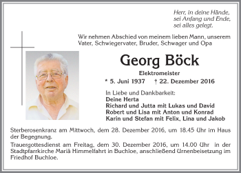 Traueranzeige von Georg Böck von Allgäuer Zeitung, Kaufbeuren/Buchloe