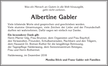 Traueranzeige von Albertine Gabler von Allgäuer Zeitung,Kempten