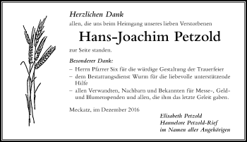 Traueranzeige von Hans-Joachim Petzold von Der Westallgäuer