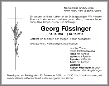 Traueranzeige von Georg Füssinger von Memminger Zeitung