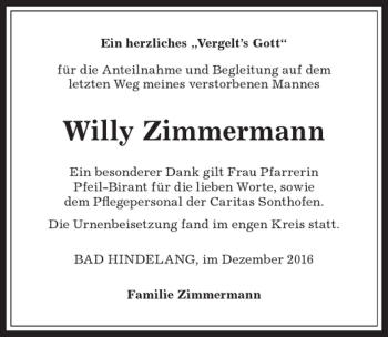 Traueranzeige von Willy Zimmermann von Allgäuer Anzeigeblatt