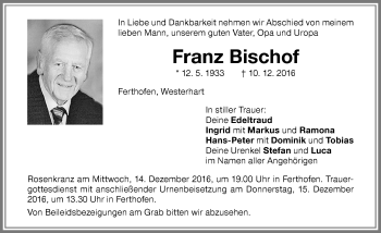 Traueranzeige von Franz Bischof von Memminger Zeitung