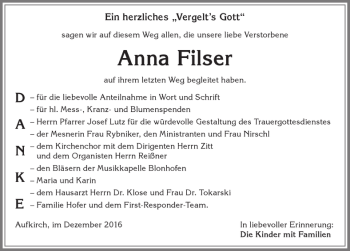 Traueranzeige von Anna Filser von Allgäuer Zeitung, Kaufbeuren/Buchloe