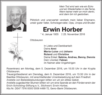 Traueranzeige von Erwin Horber von Memminger Zeitung