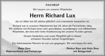 Traueranzeige von Richard Lux von Allgäuer Zeitung, Füssen