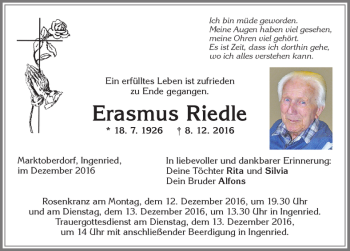 Traueranzeige von Erasmus Riedle von Allgäuer Zeitung, Marktoberdorf