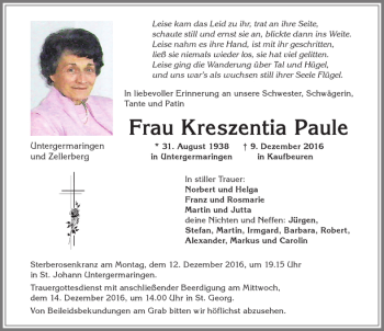 Traueranzeige von Kreszentia Paule von Allgäuer Zeitung, Kaufbeuren/Buchloe