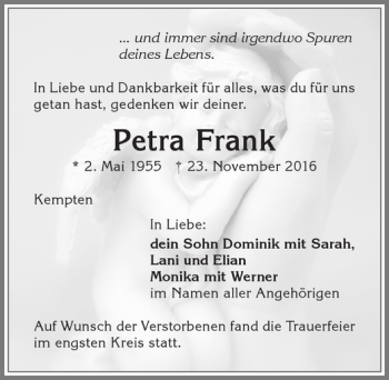 Traueranzeige von Petra Frank von Allgäuer Zeitung,Kempten