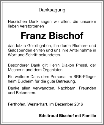 Traueranzeige von Franz Bischof von Memminger Zeitung