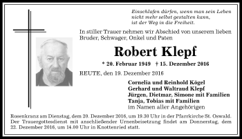 Traueranzeige von Robert Klepf von Allgäuer Anzeigeblatt