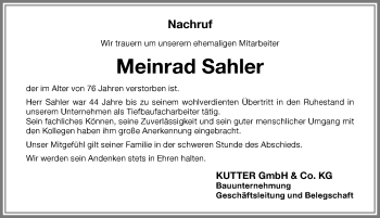 Traueranzeige von Meinrad Sahler von Memminger Zeitung