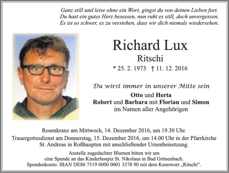  Traueranzeige für Richard Lux vom 13.12.2016 aus Allgäuer Zeitung