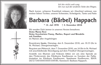 Traueranzeige von Barbara Happach von Allgäuer Zeitung, Kaufbeuren/Buchloe