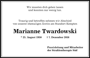 Traueranzeige von Marianne Twardowski von Allgäuer Anzeigeblatt