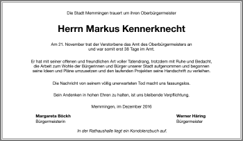 Traueranzeige von Markus Kennerknecht von Memminger Zeitung