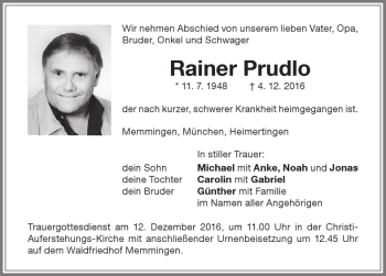 Traueranzeige von Rainer Prudlo von Memminger Zeitung