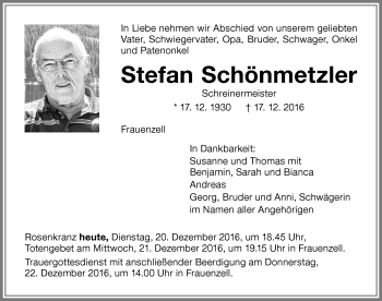 Traueranzeige von Stefan Schönmetzler von Allgäuer Zeitung,Kempten
