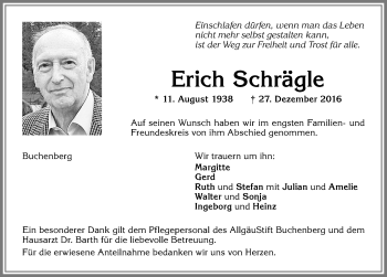 Traueranzeige von Erich Schrägle von Allgäuer Zeitung,Kempten