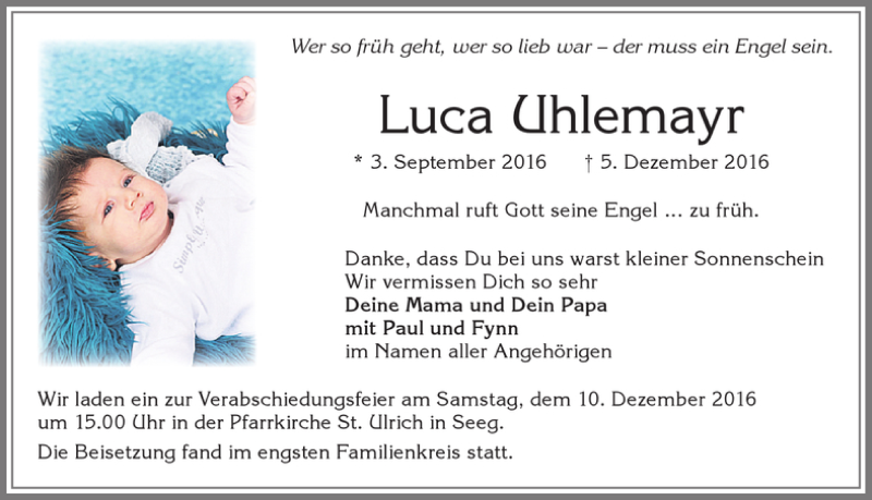  Traueranzeige für Luca Chlemayr vom 09.12.2016 aus Allgäuer Zeitung, Füssen