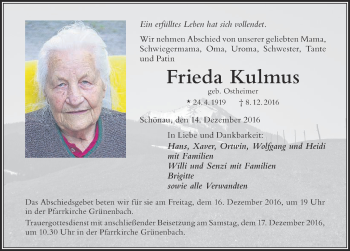 Traueranzeige von Frieda Kulmus von Der Westallgäuer