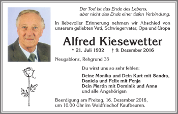 Traueranzeige von Alfred Kiesewetter von Allgäuer Zeitung, Kaufbeuren/Buchloe