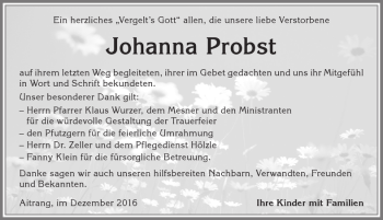 Traueranzeige von Johanna Probst von Allgäuer Zeitung, Marktoberdorf